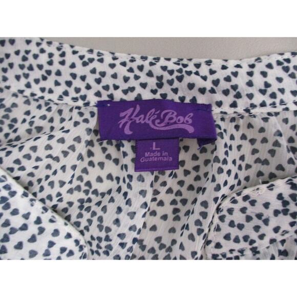 Hale Bob Top Women Large Heart Print Black White Sheer Blouse Cap Sleeve Popover - Picture 12 of 15